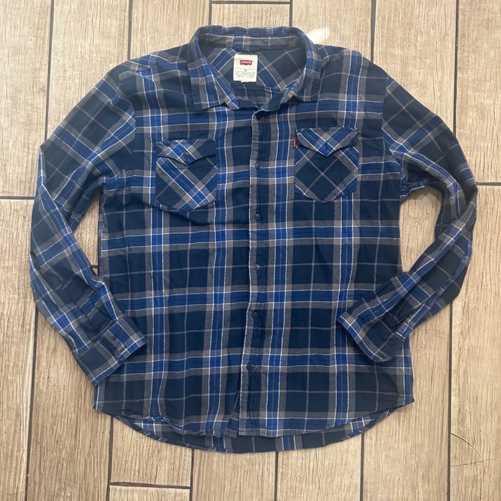Levis Mens XXL Blue Grey Plaid Flannel Button Down Shirt 3LGLW1837 Long Sleeve